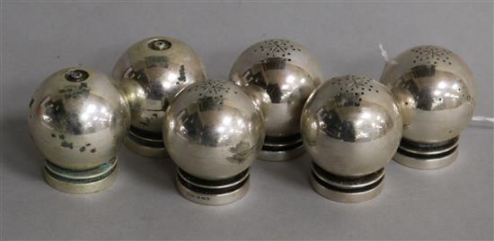 Three pairs of early 1930s Georg Jensen Pyramid pattern globular condiments, designed by Harald Nielsen, no 632.